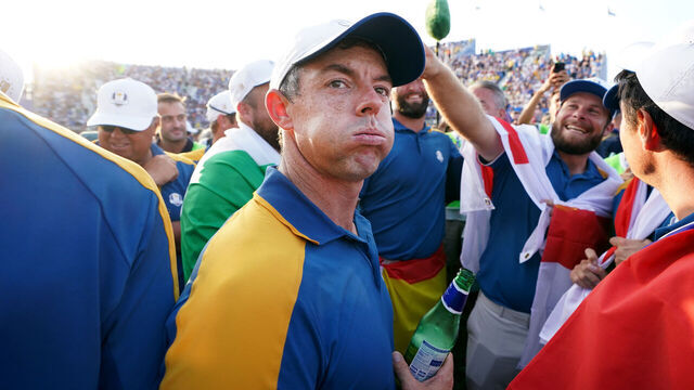 Team Europe's Rory McIlroy celebrates after Europe regained the Ryder Cup following victory over the USA on day three of the 44th Ryder Cup at the Marco Simone Golf and Country Club, Rome, Italy. Picture date: Sunday October 1, 2023.