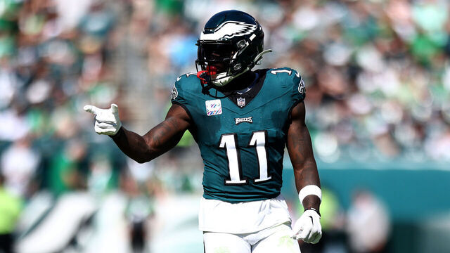 PHILADELPHIA, PENNSYLVANIA - OCTOBER 01: A.J. Brown #11 of the Philadelphia Eagles stands in position against the Washington Commanders during the first half at Lincoln Financial Field on October 01, 2023 in Philadelphia, Pennsylvania.