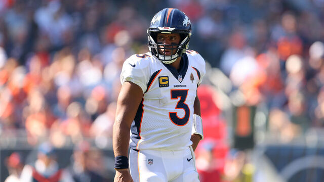 CHICAGO, ILLINOIS - OCTOBER 01: Russell Wilson #3 of the Denver Broncos looks on during the second half against the Chicago Bears at Soldier Field on October 01, 2023 in Chicago, Illinois.