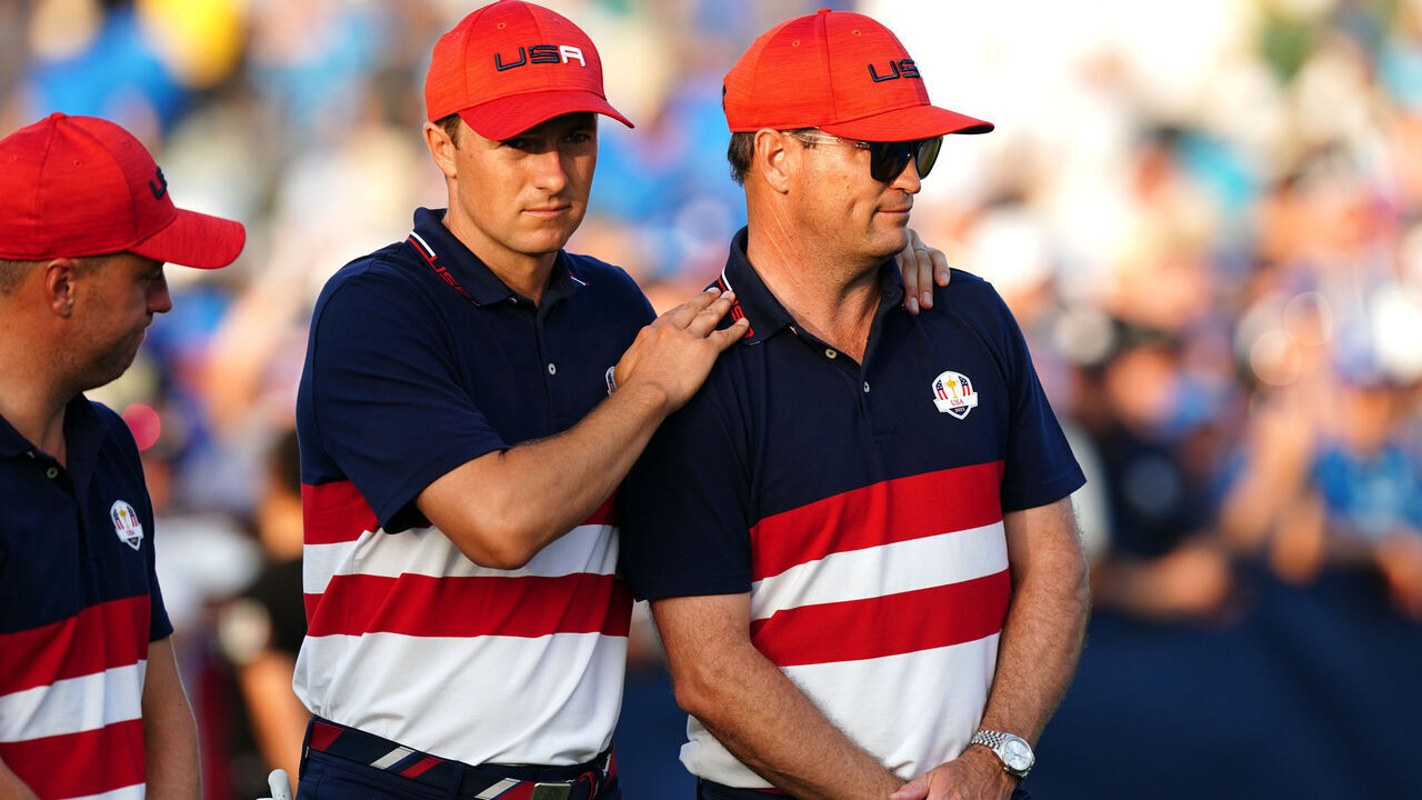 USA Captain Zach Johnson (right) stands dejected alongside Jordan Spieth and Justin Thomas after Europe regained the Ryder Cup on day three of the 44th Ryder Cup at the Marco Simone Golf and Country Club, Rome, Italy. Picture date: Sunday October 1, 2023.