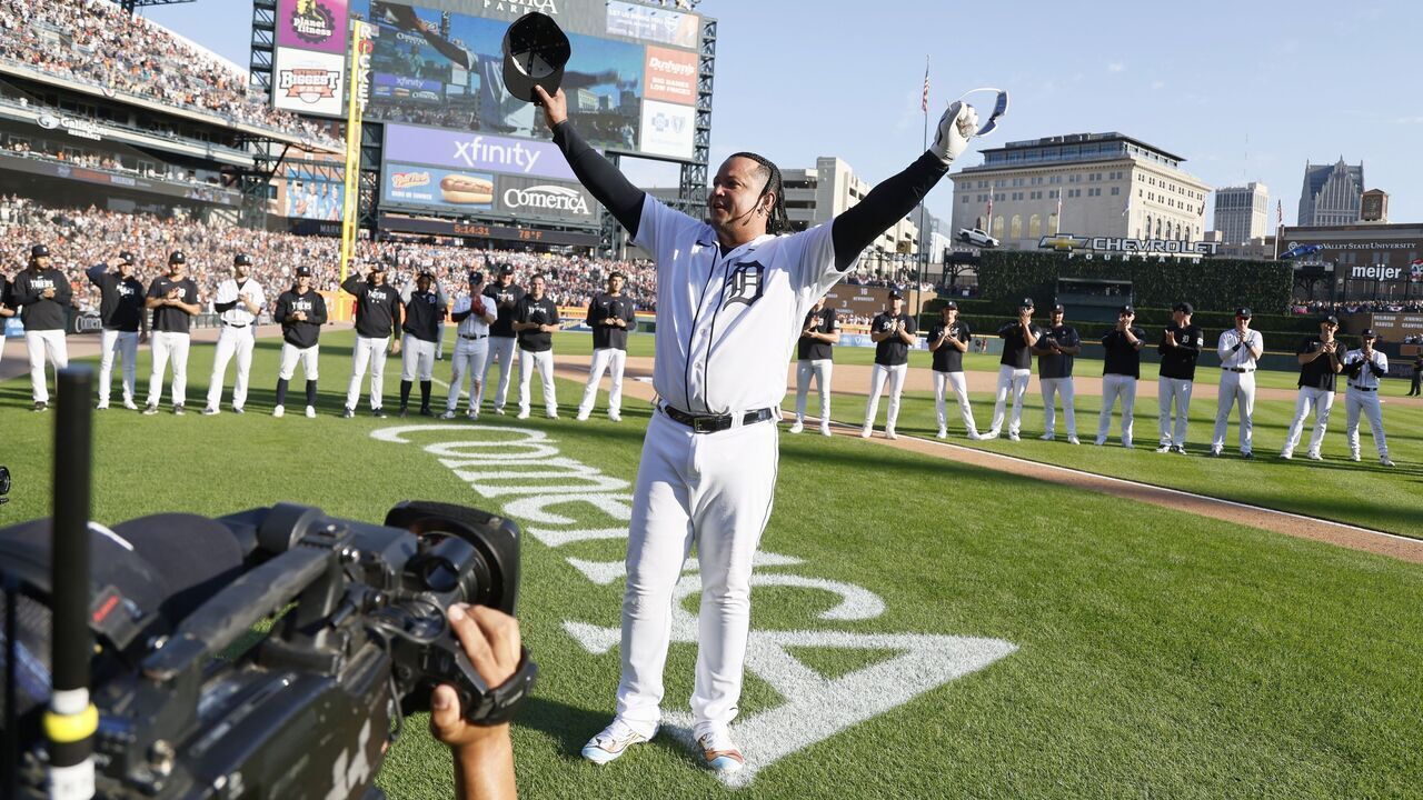DETROIT, MI - OCTOBER 1: Miguel Cabrera #24 of the Detroit Tigers acknowledges the crowd in the eighth inning of his final game of his career at Comerica Park on October 1, 2023 in Detroit, Michigan.