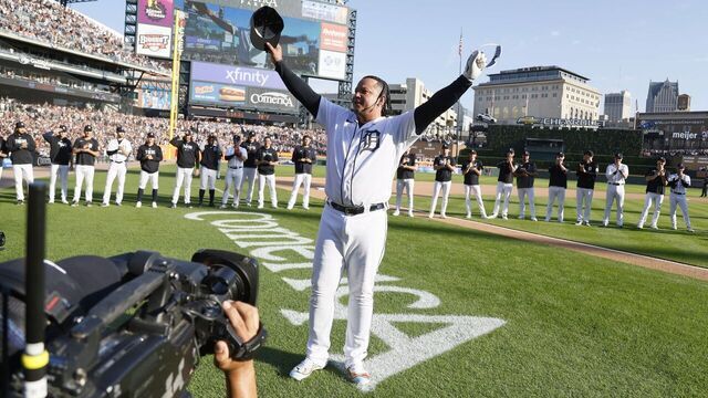 DETROIT, MI - OCTOBER 1: Miguel Cabrera #24 of the Detroit Tigers acknowledges the crowd in the eighth inning of his final game of his career at Comerica Park on October 1, 2023 in Detroit, Michigan.