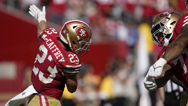 SANTA CLARA, CALIFORNIA - OCTOBER 01: Christian McCaffrey #23 of the San Francisco 49ers celebrates his fourth touchdown of the game against the Arizona Cardinals during the fourth quarter at Levi's Stadium on October 01, 2023 in Santa Clara, California.