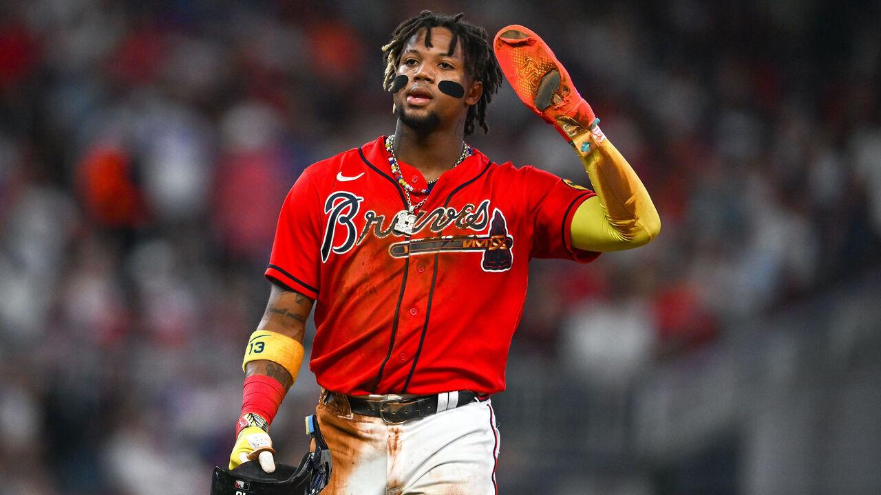 ATLANTA, GA SEPTEMBER 29: Atlanta right fielder Ronald Acuna Jr. (13) reacts during the MLB game between the Washington Nationals and the Atlanta Braves on September 29th, 2023 at Truist Park in Atlanta, GA.