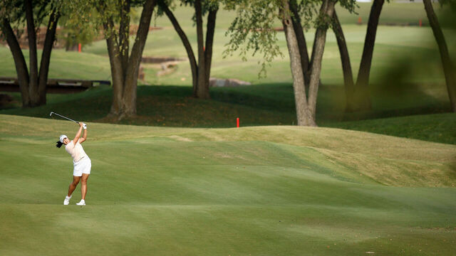 ROGERS, ARKANSAS - OCTOBER 01: Hae Ran Ryu of South Korea rplays a shot on the 14th hole during the Final round of the Walmart NW Arkansas Championship presented by P&G at Pinnacle Country Club on October 01, 2023 in Rogers, Arkansas.