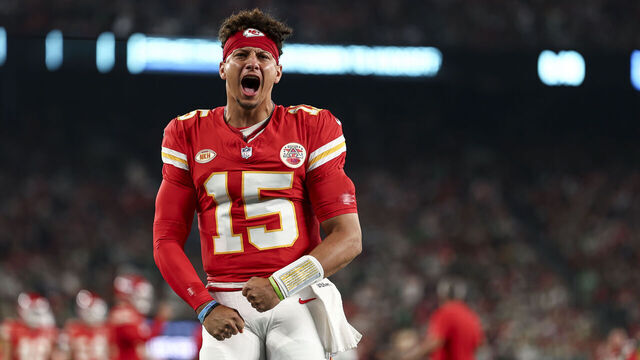EAST RUTHERFORD, NJ - OCTOBER 1: Patrick Mahomes #15 of the Kansas City Chiefs screams prior to an NFL football game against the New York Jets at MetLife Stadium on October 1, 2023 in East Rutherford, New Jersey.