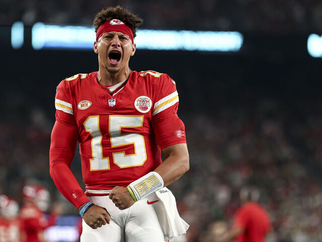 EAST RUTHERFORD, NJ - OCTOBER 1: Patrick Mahomes #15 of the Kansas City Chiefs screams prior to an NFL football game against the New York Jets at MetLife Stadium on October 1, 2023 in East Rutherford, New Jersey.