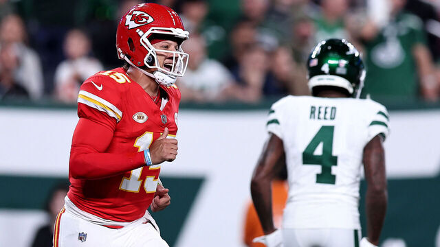 EAST RUTHERFORD, NEW JERSEY - OCTOBER 01: Patrick Mahomes #15 of the Kansas City Chiefs celebrates after teammate Noah Gray #83 scored a touchdown New York Jets during the first quarter in the game at MetLife Stadium on October 01, 2023 in East Rutherford, New Jersey.