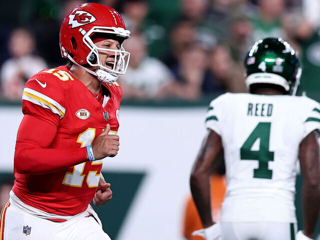 EAST RUTHERFORD, NEW JERSEY - OCTOBER 01: Patrick Mahomes #15 of the Kansas City Chiefs celebrates after teammate Noah Gray #83 scored a touchdown New York Jets during the first quarter in the game at MetLife Stadium on October 01, 2023 in East Rutherford, New Jersey.