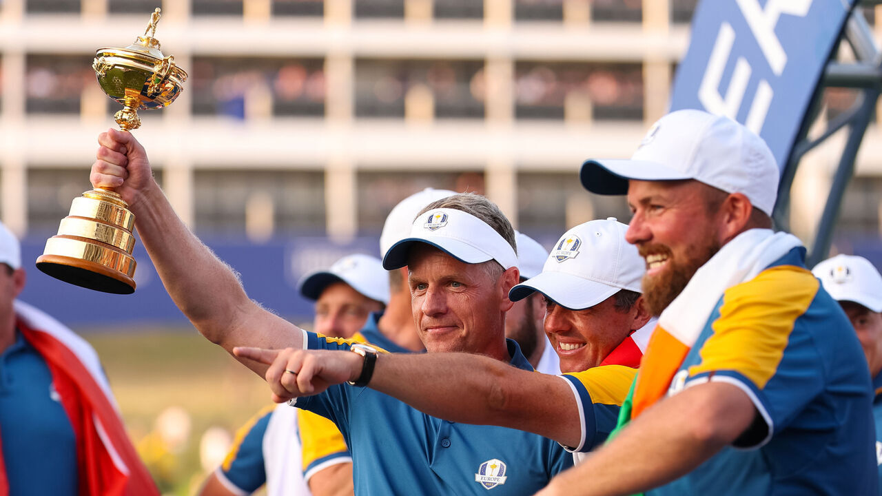 ROME, ITALY - OCTOBER 01: Captain Luke Donald of Team Europe lifts The Ryder Cup and celebrates with his teammates after Team Europe wins The Ryder Cup at Marco Simone Golf & Country Club on Sunday, October 1, 2023 in Rome, Italy.