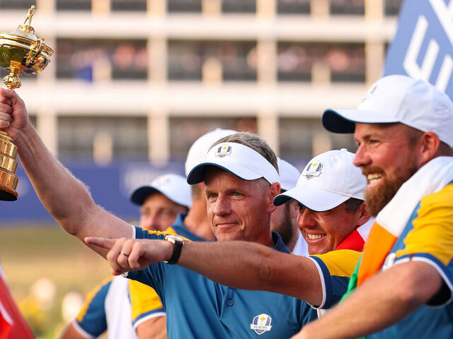 ROME, ITALY - OCTOBER 01: Captain Luke Donald of Team Europe lifts The Ryder Cup and celebrates with his teammates after Team Europe wins The Ryder Cup at Marco Simone Golf & Country Club on Sunday, October 1, 2023 in Rome, Italy.
