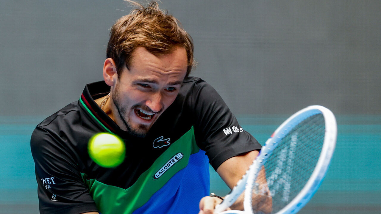 BEIJING, CHINA - OCTOBER 02: Daniil Medvedev of Russia returns a shot in the Men's Singles Quarter-final match against Ugo Humbert of France on day seven of 2023 China Open at the National Tennis Center on October 2, 2023 in Beijing, China.