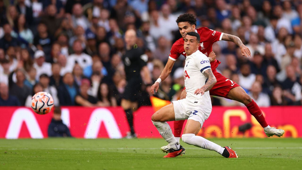 LONDON, ENGLAND - SEPTEMBER 30: Luis Diaz of Liverpool scores a goal, incorrectly ruled offside and disallowed during the Premier League match between Tottenham Hotspur and Liverpool FC at Tottenham Hotspur Stadium on September 30, 2023 in London, England.