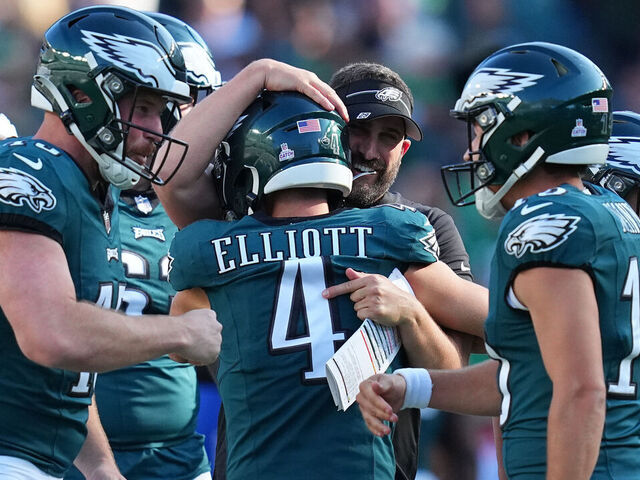 PHILADELPHIA, PENNSYLVANIA - OCTOBER 1: Head coach Nick Sirianni of the Philadelphia Eagles celebrates with Jake Elliott #4 against the Washington Commanders at Lincoln Financial Field on October 1, 2023 in Philadelphia, Pennsylvania.