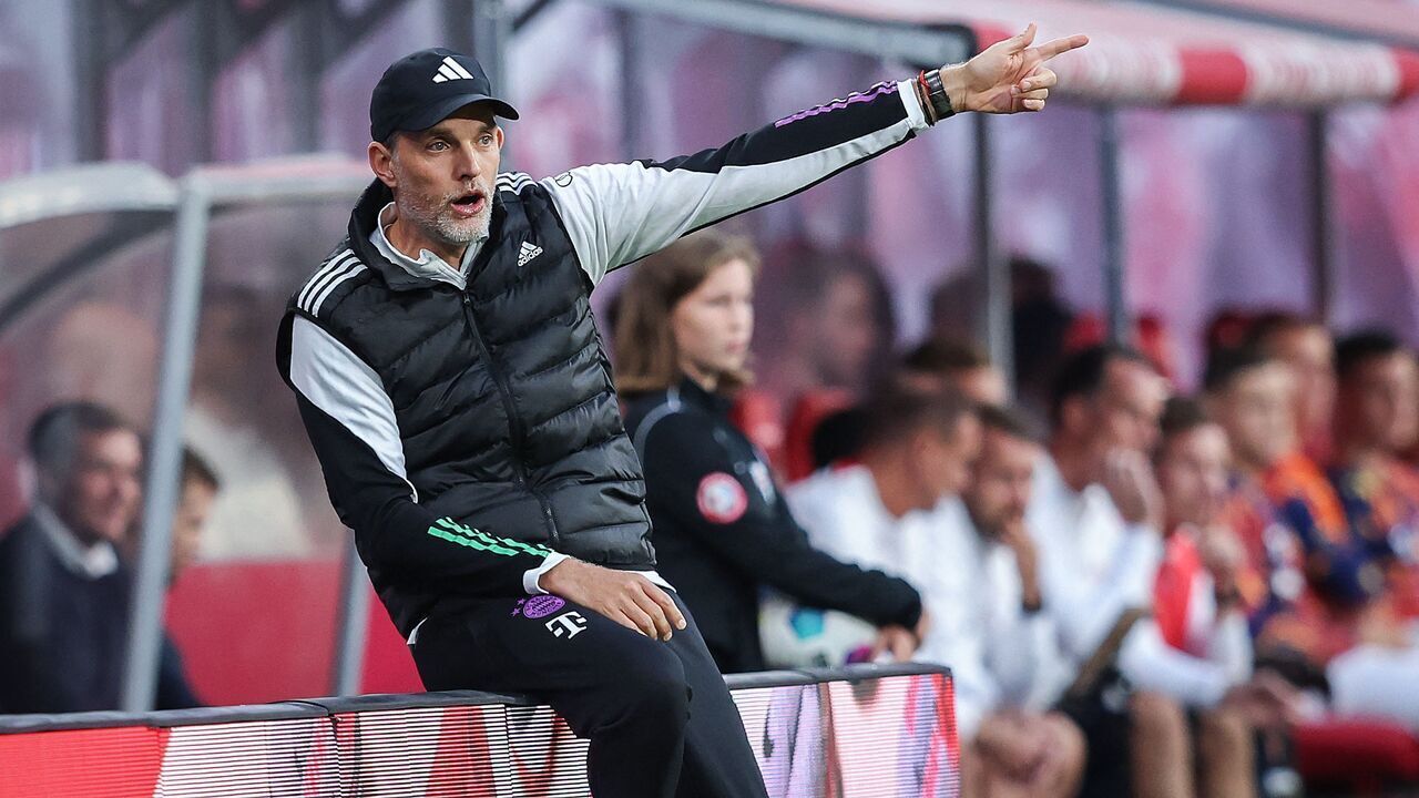 Bayern Munich's German head coach Thomas Tuchel gestures during the German first division Bundesliga football match between RB Leipzig and FC Bayern Munich in Leipzig, eastern Germany on September 30, 2023.