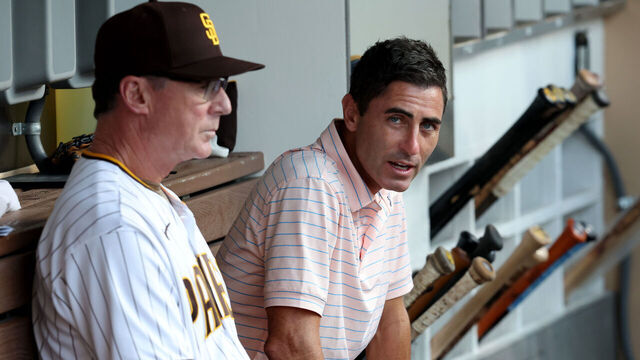 SAN DIEGO, CALIFORNIA - SEPTEMBER 06: Manager Bob Melvin talks with General Manager A.J. Preller prior to a game between the San Diego Padres and the Arizona Diamondbacks at PETCO Park on September 06, 2022 in San Diego, California.