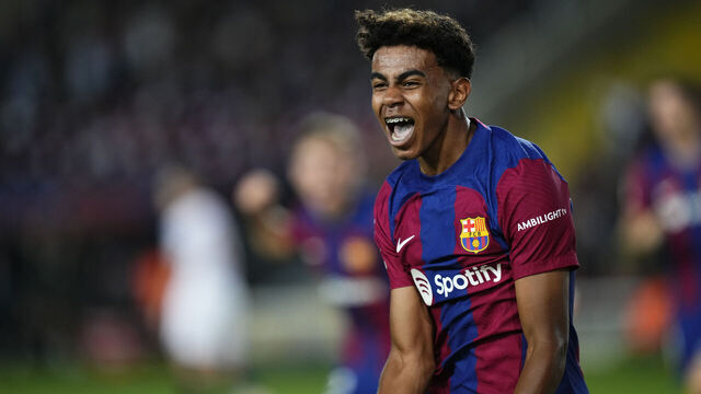 BARCELONA, SPAIN - SEPTEMBER 29: Lamine Yamal right winger of Barcelona and Spain celebrates after scoring his sides first goal during the LaLiga EA Sports match between FC Barcelona and Sevilla FC at Estadi Olimpic Lluis Companys on September 29, 2023 in Barcelona, Spain.