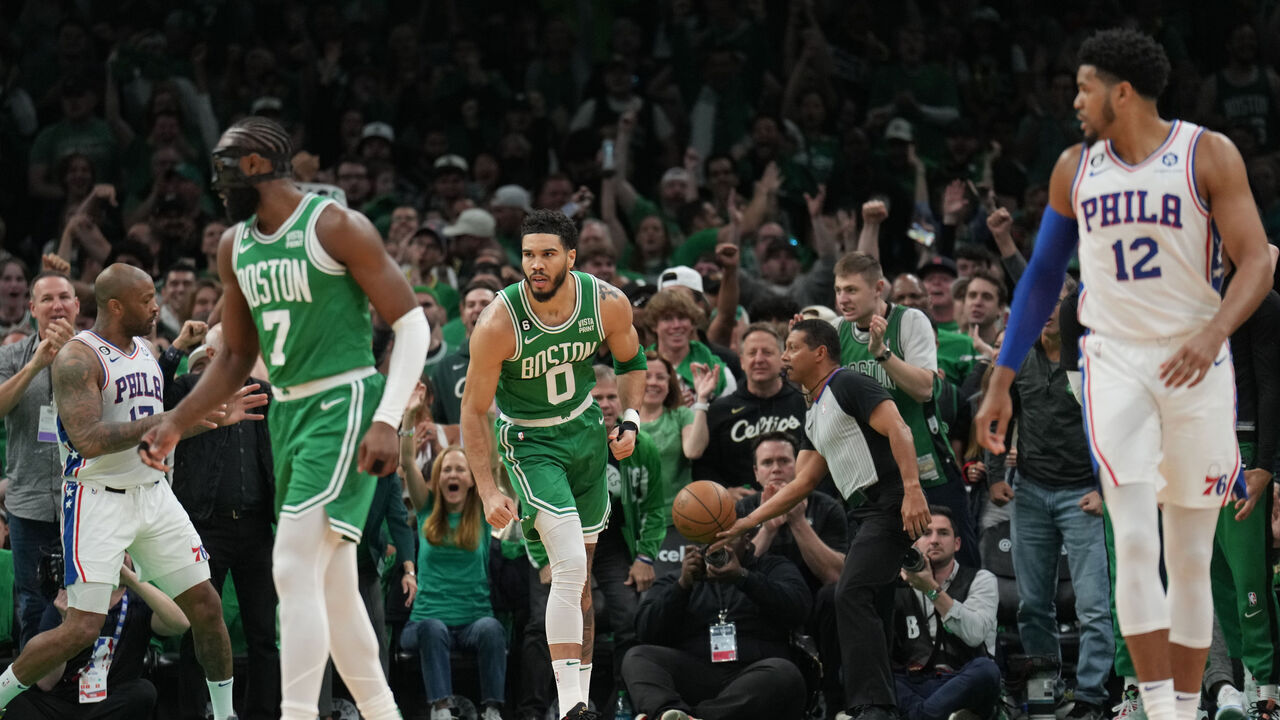 BOSTON, MA - MAY 14: Jayson Tatum #0 of the Boston Celtics looks on during the game on May 14, 2023 at the TD Garden in Boston, Massachusetts. Mandatory Copyright Notice: Copyright 2023 NBAE