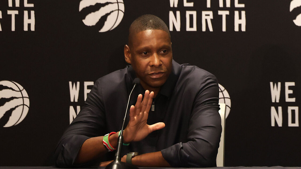 TORONTO, ON- OCTOBER 2 - Toronto Raptors president Masai Ujiri takes questions as the Toronto Raptors hold their media day ahead of the 2023-24 season at Hilton Toronto in Toronto. October 2, 2023. (Steve Russell/Toronto Star via Getty Images)