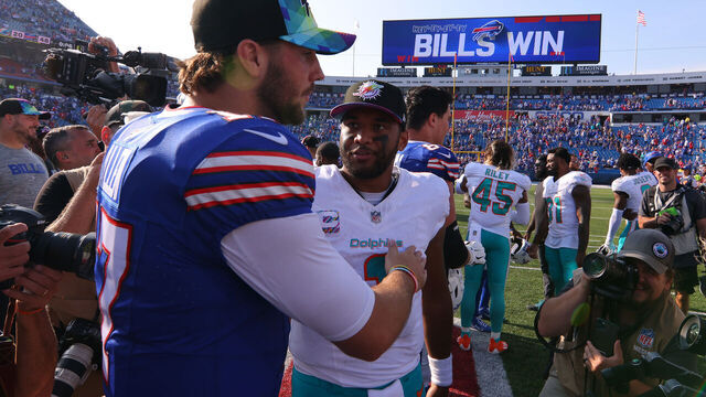 ORCHARD PARK, NEW YORK - OCTOBER 01: Josh Allen #17 of the Buffalo Bills and Tua Tagovailoa #1 of the Miami Dolphins shake hands after the game at Highmark Stadium on October 01, 2023 in Orchard Park, New York.