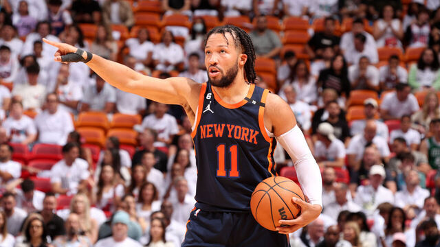 MIAMI, FL - MAY 12: Jalen Brunson #11 of the New York Knicks handles the ball during Game 6 of the 2023 NBA Playoffs Eastern Conference Semi-Finals against the Miami Heat on May 12, 2023 at Kaseya Center in Miami, Florida. Mandatory Copyright Notice: Copyright 2023 NBAE