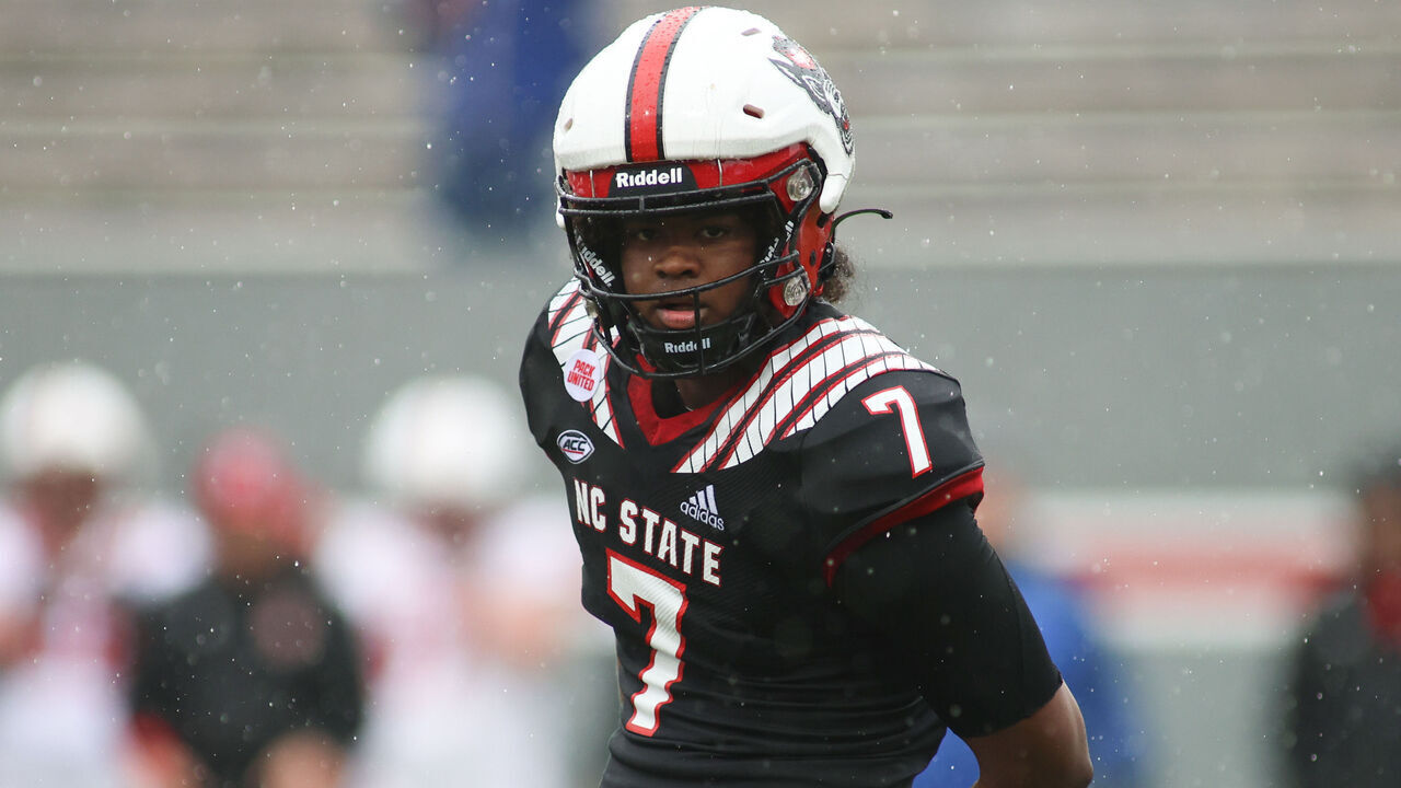RALEIGH, NC - APRIL 08: NC State quarterback MJ Morris (7) dries his hands during the NC State spring football game on April 8, 2023, at Carter-Finley Stadium in Raleigh, NC.