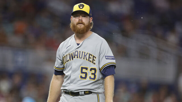 MIAMI, FLORIDA - SEPTEMBER 23: Brandon Woodruff #53 of the Milwaukee Brewers reacts during the third inning against the Miami Marlins at loanDepot park on September 23, 2023 in Miami, Florida.