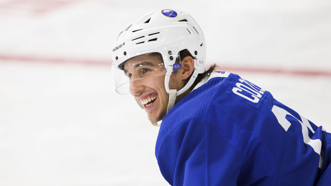 ST. THOMAS, ON - SEPTEMBER 27: Dylan Cozens #24 of the Buffalo Sabres reacts during morning skate at the Joe Thornton Community Centre on September 27, 2023 in St. Thomas, Ontario, Canada. The Toronto Maple Leafs face the Buffalo Sabres in the 2023 Kraft Hockeyville pre-season game.