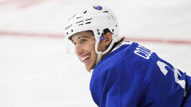ST. THOMAS, ON - SEPTEMBER 27: Dylan Cozens #24 of the Buffalo Sabres reacts during morning skate at the Joe Thornton Community Centre on September 27, 2023 in St. Thomas, Ontario, Canada. The Toronto Maple Leafs face the Buffalo Sabres in the 2023 Kraft Hockeyville pre-season game.