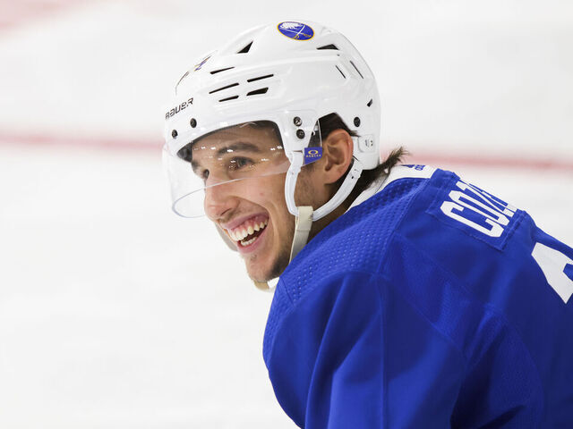 ST. THOMAS, ON - SEPTEMBER 27: Dylan Cozens #24 of the Buffalo Sabres reacts during morning skate at the Joe Thornton Community Centre on September 27, 2023 in St. Thomas, Ontario, Canada. The Toronto Maple Leafs face the Buffalo Sabres in the 2023 Kraft Hockeyville pre-season game.