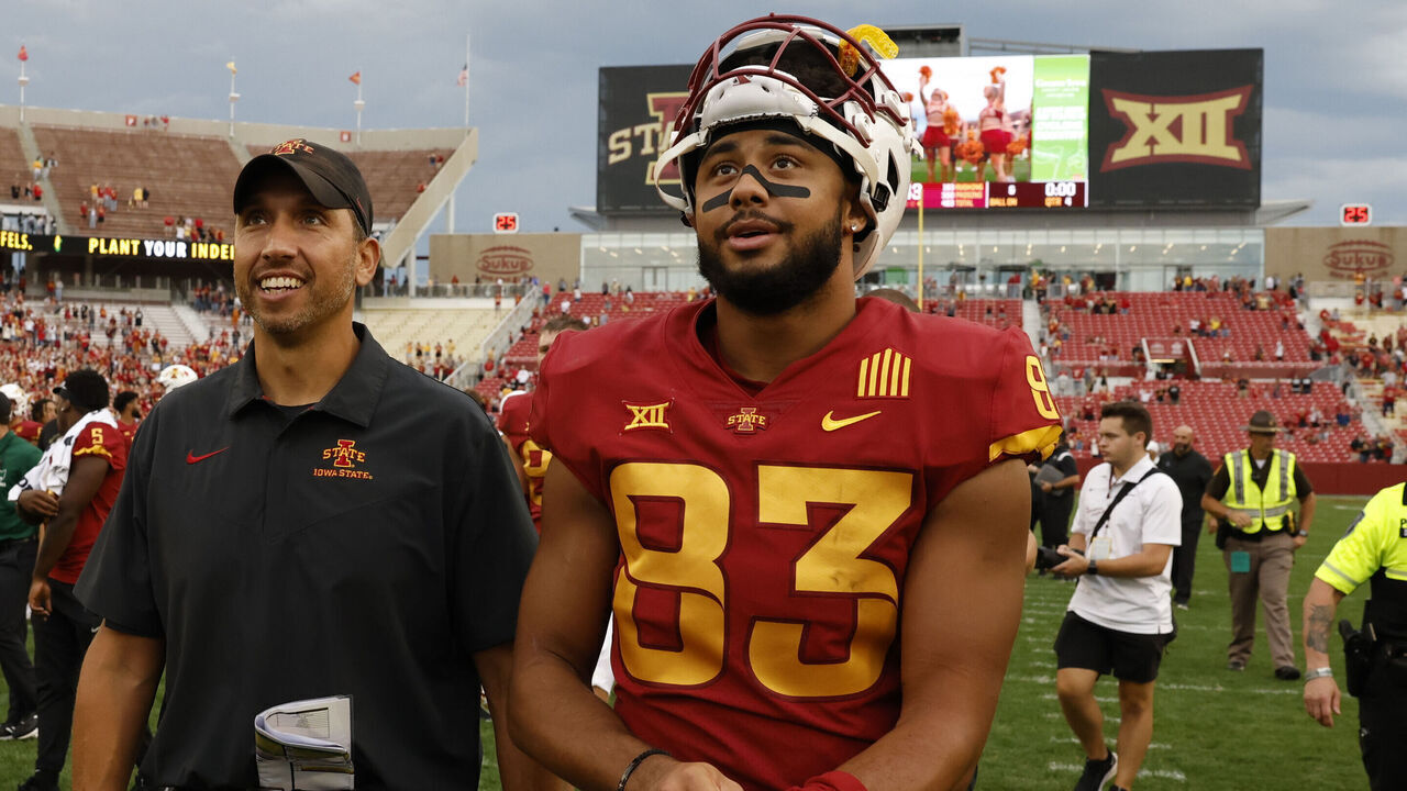 AMES, IA - SEPTEMBER 17: Head coach Matt Campbell and tight end DeShawn Hanika #83 of the Iowa State Cyclones leave the field after the Iowa State Cyclones 43-10 win over the Ohio Bobcats at Jack Trice Stadium on September 17, 2022 in Ames, Iowa. The Iowa State Cyclones won 43-10 over the Ohio Bobcats.