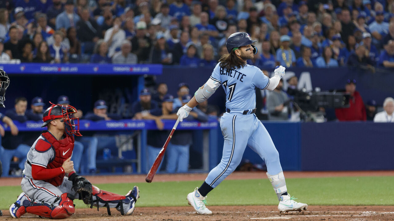TORONTO, CANADA - JUNE 9: Bo Bichette #11 of the Toronto Blue Jays at bat in the ninth inning of their MLB game against the Minnesota Twins at Rogers Centre on June 9, 2023 in Toronto, Canada.
