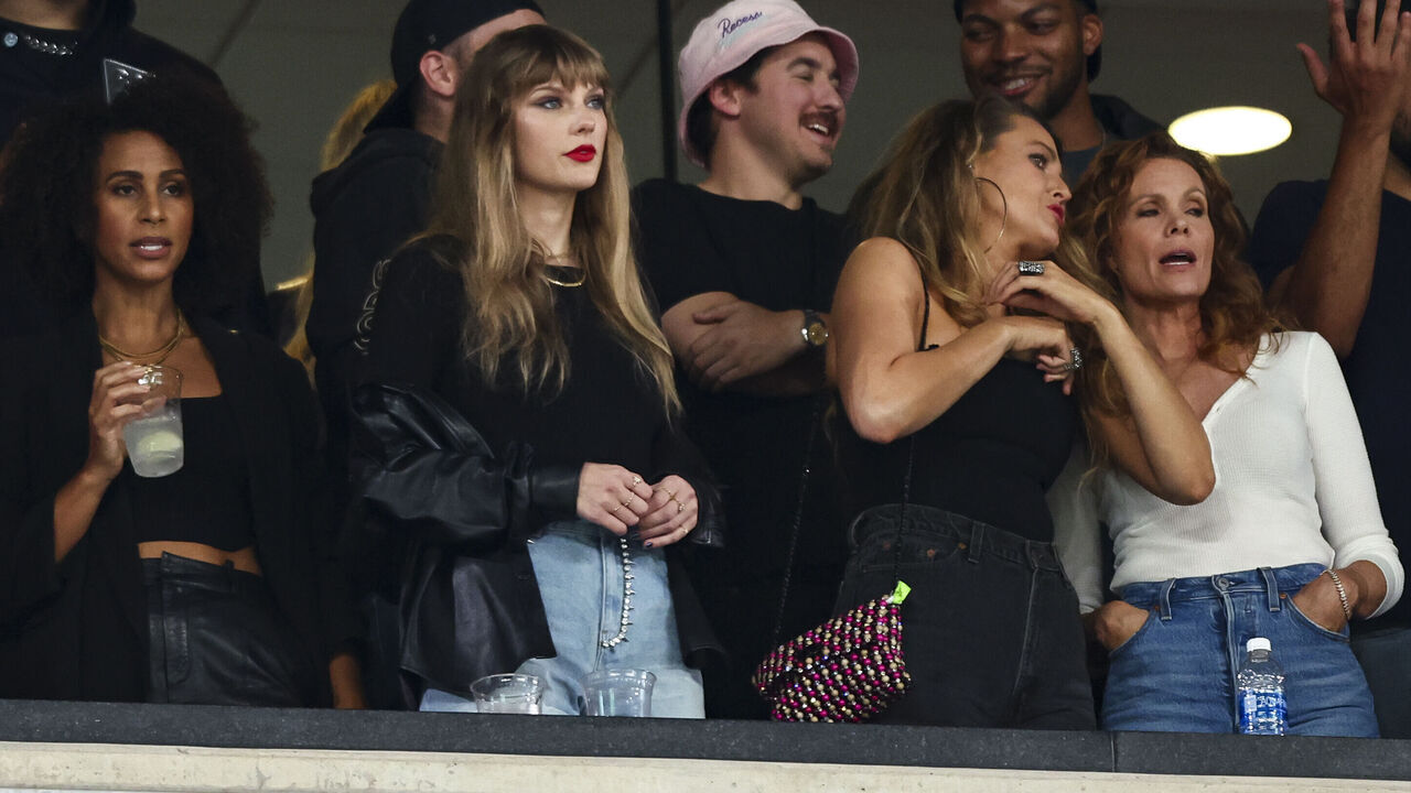 EAST RUTHERFORD, NJ - OCTOBER 1: Taylor Swift watches from the stands during an NFL football game between the New York Jets and the Kansas City Chiefs at MetLife Stadium on October 1, 2023 in East Rutherford, New Jersey.