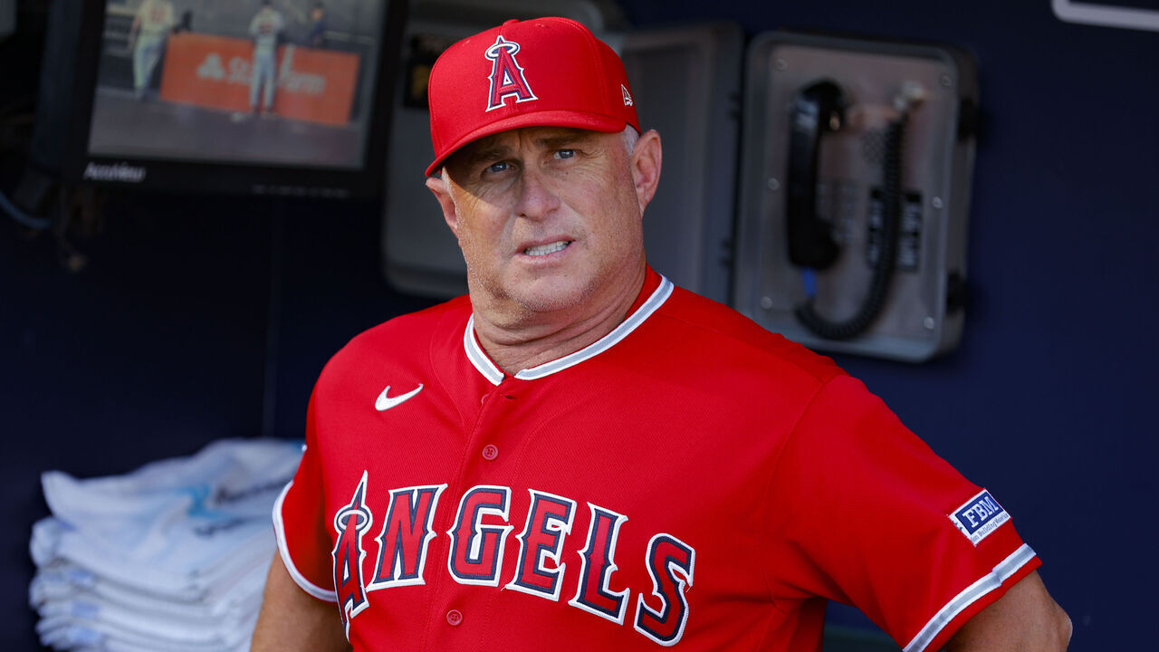 ATLANTA, GEORGIA - AUGUST 1: Manager Phil Nevin of the Los Angeles Angels looks on prior to the game against the Atlanta Braves at Truist Park on August 1, 2023 in Atlanta, Georgia.
