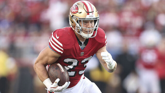 SANTA CLARA, CALIFORNIA - SEPTEMBER 21: Christian McCaffrey #23 of the San Francisco 49ers runs with the ball during an NFL football game between the San Francisco 49ers and the New York Giants at Levi's Stadium on September 21, 2023 in Santa Clara, California.