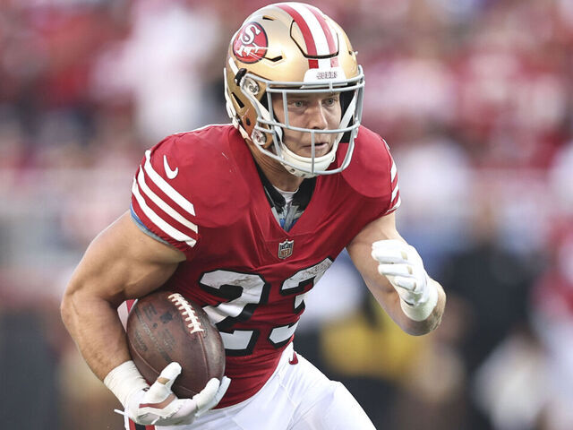 SANTA CLARA, CALIFORNIA - SEPTEMBER 21: Christian McCaffrey #23 of the San Francisco 49ers runs with the ball during an NFL football game between the San Francisco 49ers and the New York Giants at Levi's Stadium on September 21, 2023 in Santa Clara, California.