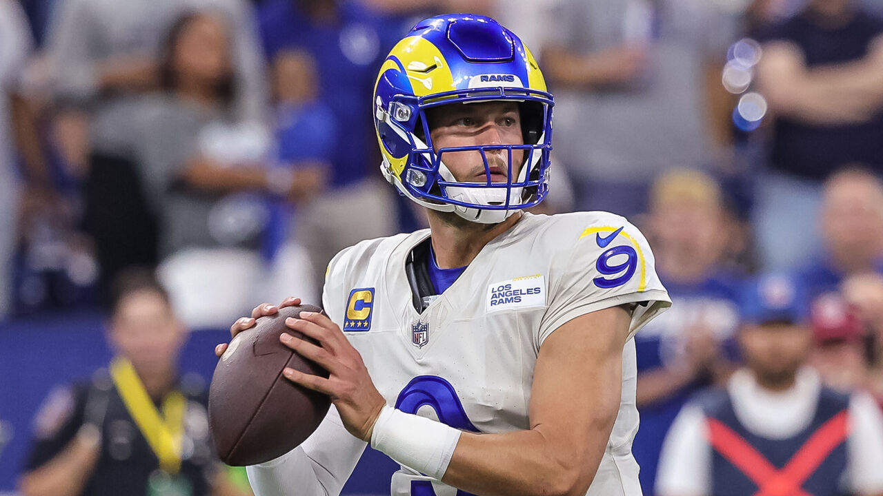 INDIANAPOLIS, INDIANA - OCTOBER 1: Matthew Stafford #9 of the Los Angeles Rams drops back to throw during the game against the Indianapolis Colts at Lucas Oil Stadium on October 1, 2023 in Indianapolis, Indiana.