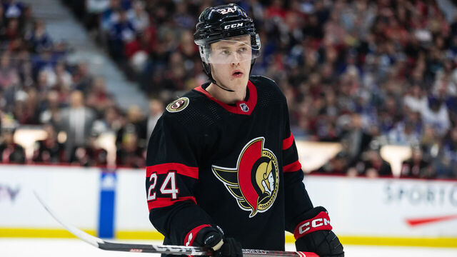 OTTAWA, ON - APRIL 01: Ottawa Senators Defenceman Jacob Bernard-Docker (24) before a face-off during second period National Hockey League action between the Toronto Maple Leafs and Ottawa Senators on April 1, 2023, at Canadian Tire Centre in Ottawa, ON, Canada.