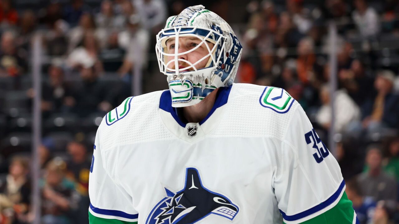 ANAHEIM, CA - APRIL 11: Thatcher Demko #35 of the Vancouver Canucks looks on during the first period against the Anaheim Ducks at Honda Center on April 11, 2023 in Anaheim, California.