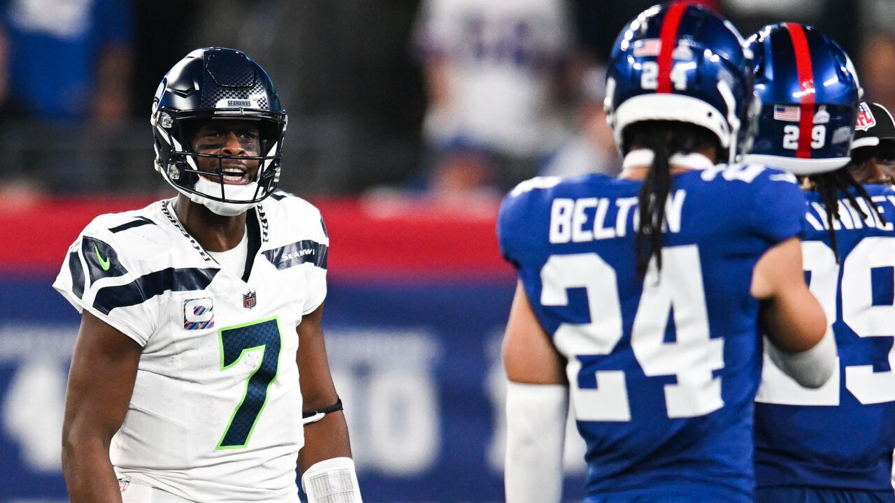 EAST RUTHERFORD, NJ - OCTOBER 2: Geno Smith #7 of the Seattle Seahawks yells out during the first half against the New York Giants at MetLife Stadium on October 2, 2023 in East Rutherford, New Jersey.
