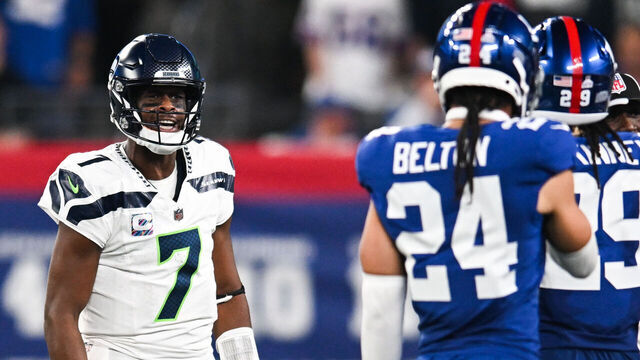 EAST RUTHERFORD, NJ - OCTOBER 2: Geno Smith #7 of the Seattle Seahawks yells out during the first half against the New York Giants at MetLife Stadium on October 2, 2023 in East Rutherford, New Jersey.