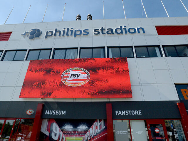 EINDHOVEN, NETHERLANDS, APRIL 20: General exterior close-up view of the Philips Stadion stadium, home to PSV Eindhoven, on April 20, 2020 in Eindhoven, Netherlands.