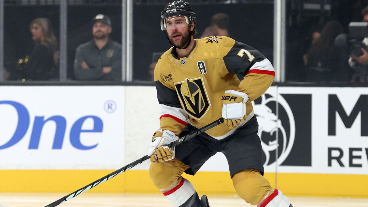 LAS VEGAS, NEVADA - SEPTEMBER 27: Alex Pietrangelo #7 of the Vegas Golden Knights skates during the first period against the Los Angeles Kings at T-Mobile Arena on September 27, 2023 in Las Vegas, Nevada.