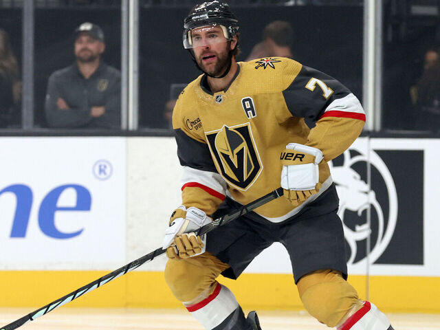 LAS VEGAS, NEVADA - SEPTEMBER 27: Alex Pietrangelo #7 of the Vegas Golden Knights skates during the first period against the Los Angeles Kings at T-Mobile Arena on September 27, 2023 in Las Vegas, Nevada.