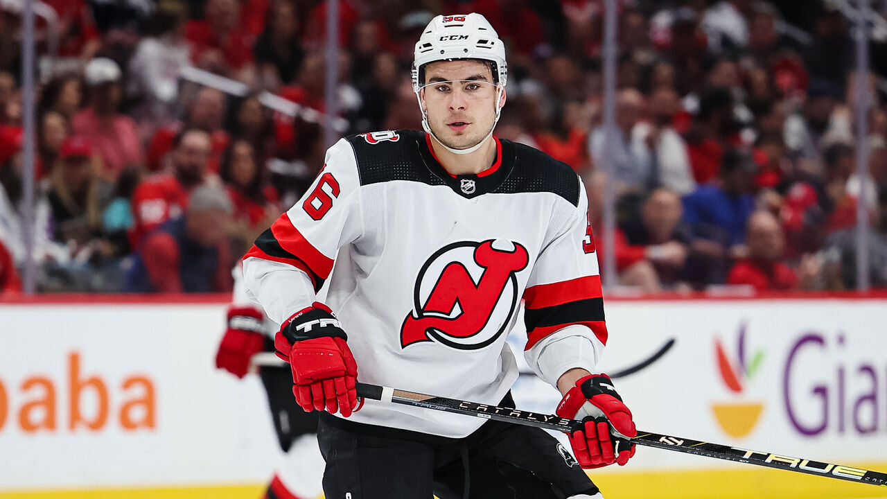 WASHINGTON, DC - APRIL 13: Timo Meier #96 of the New Jersey Devils of the New Jersey Devils in action against the Washington Capitals during the first period of the game at Capital One Arena on April 13, 2023 in Washington, DC.