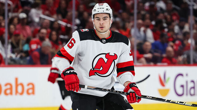 WASHINGTON, DC - APRIL 13: Timo Meier #96 of the New Jersey Devils of the New Jersey Devils in action against the Washington Capitals during the first period of the game at Capital One Arena on April 13, 2023 in Washington, DC.