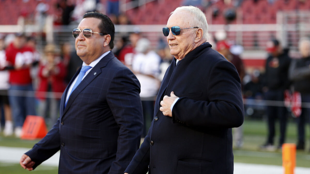 SANTA CLARA, CALIFORNIA - JANUARY 22: Dallas Cowboys owner Jerry Jones looks on prior to a game against the San Francisco 49ers in the NFC Divisional Playoff game at Levi's Stadium on January 22, 2023 in Santa Clara, California.