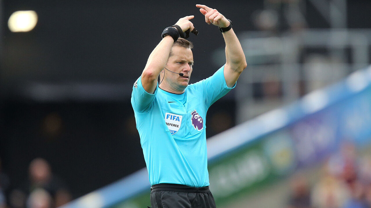 BURNLEY, ENGLAND - SEPTEMBER 2: Referee Darren England during the Premier League match between Burnley FC and Tottenham Hotspur at Turf Moor on September 2, 2023 in Burnley, England.