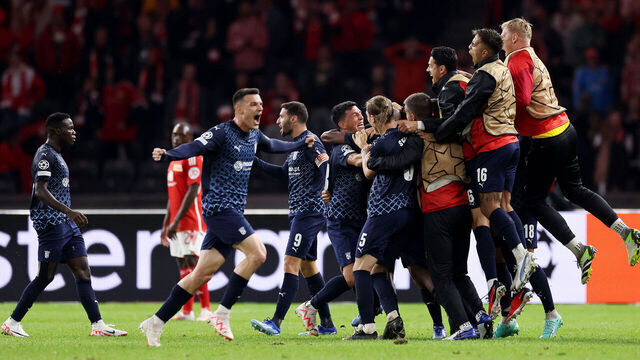 BERLIN, GERMANY - OCTOBER 03: Players of SC Braga celebrate following the team's victory during the UEFA Champions League match between 1. FC Union Berlin and SC Braga at Olympiastadion on October 03, 2023 in Berlin, Germany.