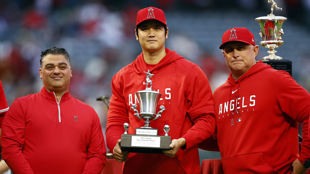 ANAHEIM, CALIFORNIA - SEPTEMBER 30: General Manager Perry Minasian, Shohei Ohtani #17 of the Los Angeles Angels and Phil Nevin at Angel Stadium of Anaheim on September 30, 2023 in Anaheim, California.